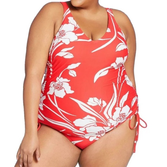 Kona Sol Red Floral Cinch Side Tie One Piece Swimsuit - Picture 4 of 12